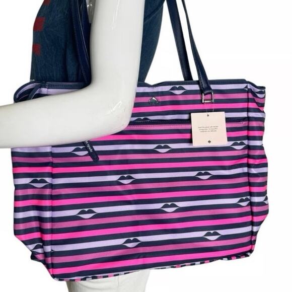 NEW KATE SPADE Jae Nylon Striped Lip Print Large Tote Shoulder Bag Purse Novelty - Picture 2 of 8
